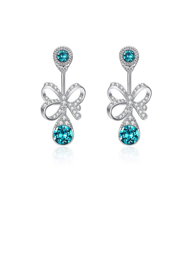 925 Sterling Silver Elegant Fashion Romantic Bowknot and Water Drop Shape Earrings with Blue Austrian Element Crystal