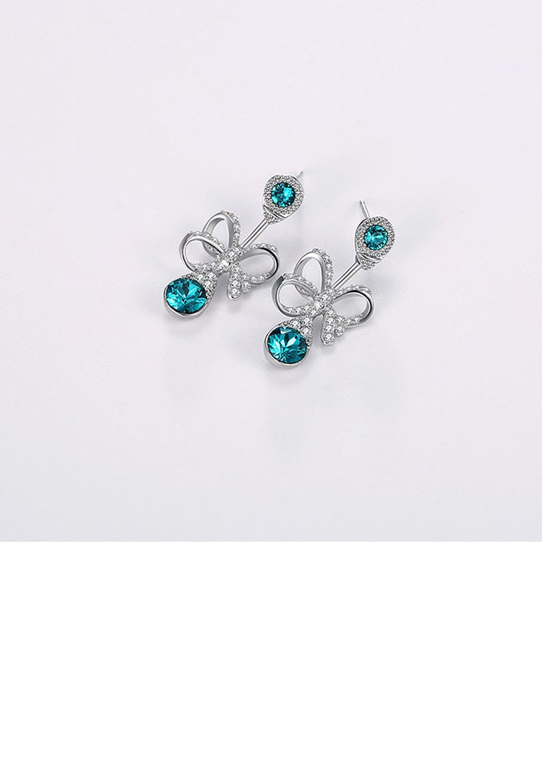925 Sterling Silver Elegant Fashion Romantic Bowknot and Water Drop Shape Earrings with Blue Austrian Element Crystal