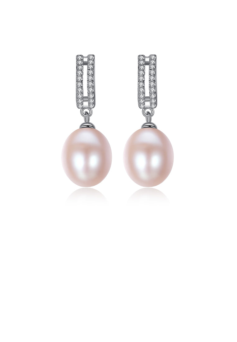 925 Sterling Silver Fashion Bright Geometric Pink Freshwater Pearl Earrings with Cubic Zirconia - Luxurious Look - Vibrant Color
