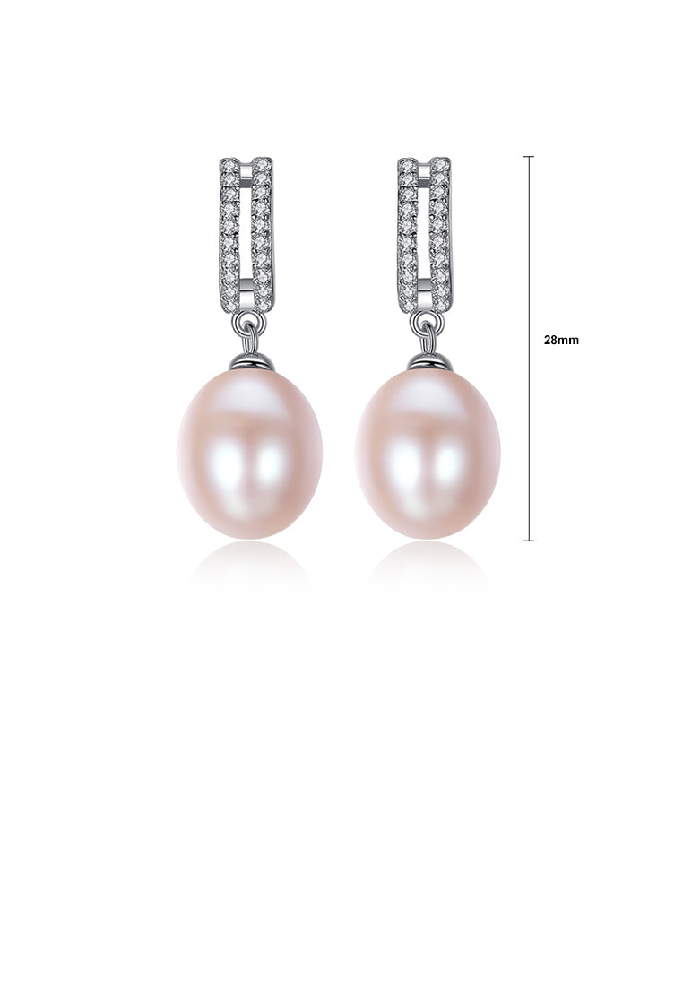 925 Sterling Silver Fashion Bright Geometric Pink Freshwater Pearl Earrings with Cubic Zirconia - Luxurious Look - Vibrant Color
