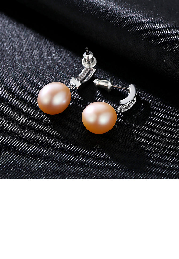 925 Sterling Silver Fashion Bright Geometric Pink Freshwater Pearl Earrings with Cubic Zirconia - Luxurious Look - Vibrant Color