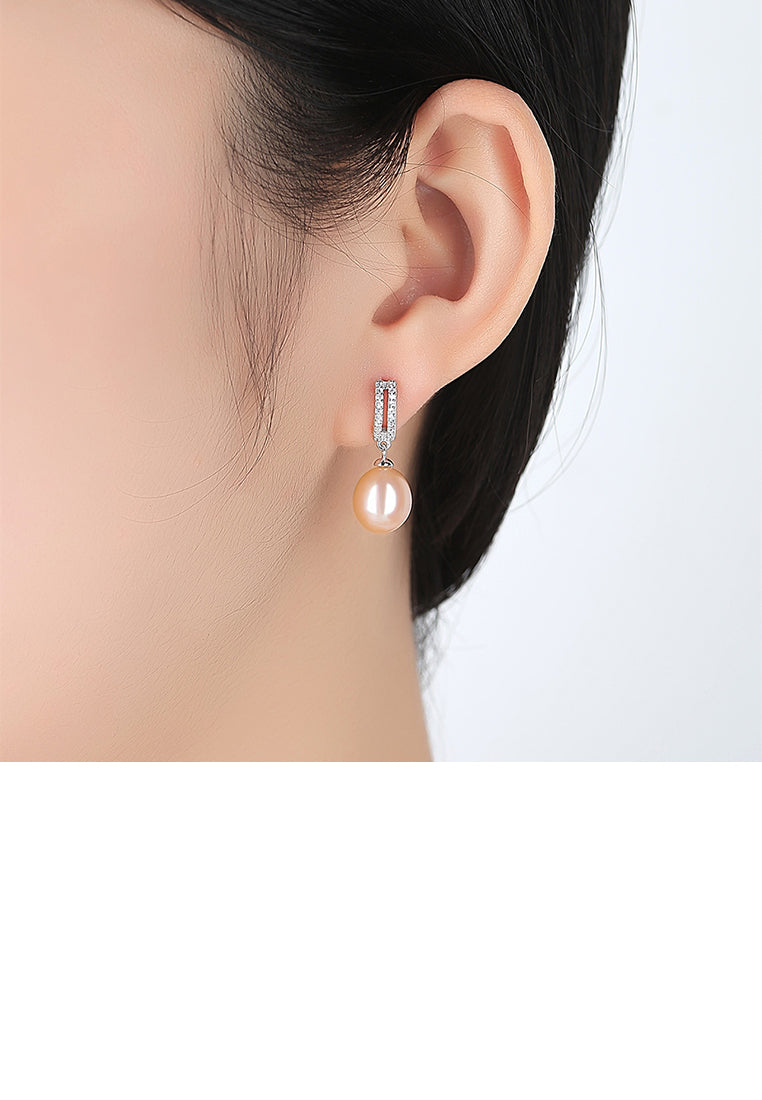 925 Sterling Silver Fashion Bright Geometric Pink Freshwater Pearl Earrings with Cubic Zirconia - Luxurious Look - Vibrant Color