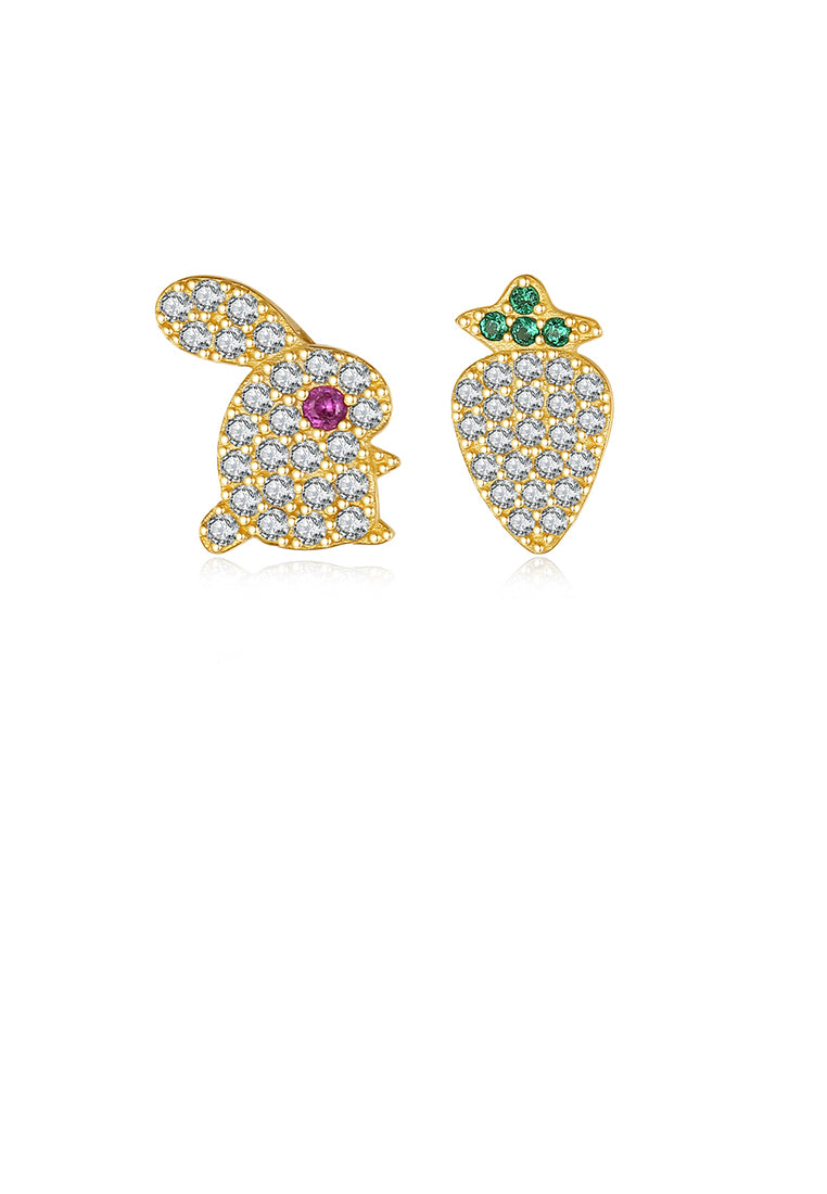 925 Sterling Silver Plated Gold Fashion Cute Rabbit Radish Asymmetrical Stud Earrings with Cubic Zirconia - Luxurious Look