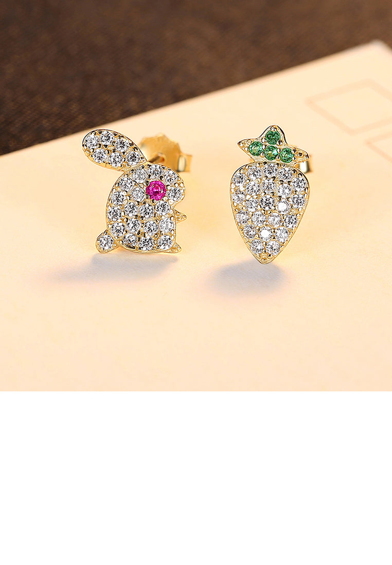 925 Sterling Silver Plated Gold Fashion Cute Rabbit Radish Asymmetrical Stud Earrings with Cubic Zirconia - Luxurious Look