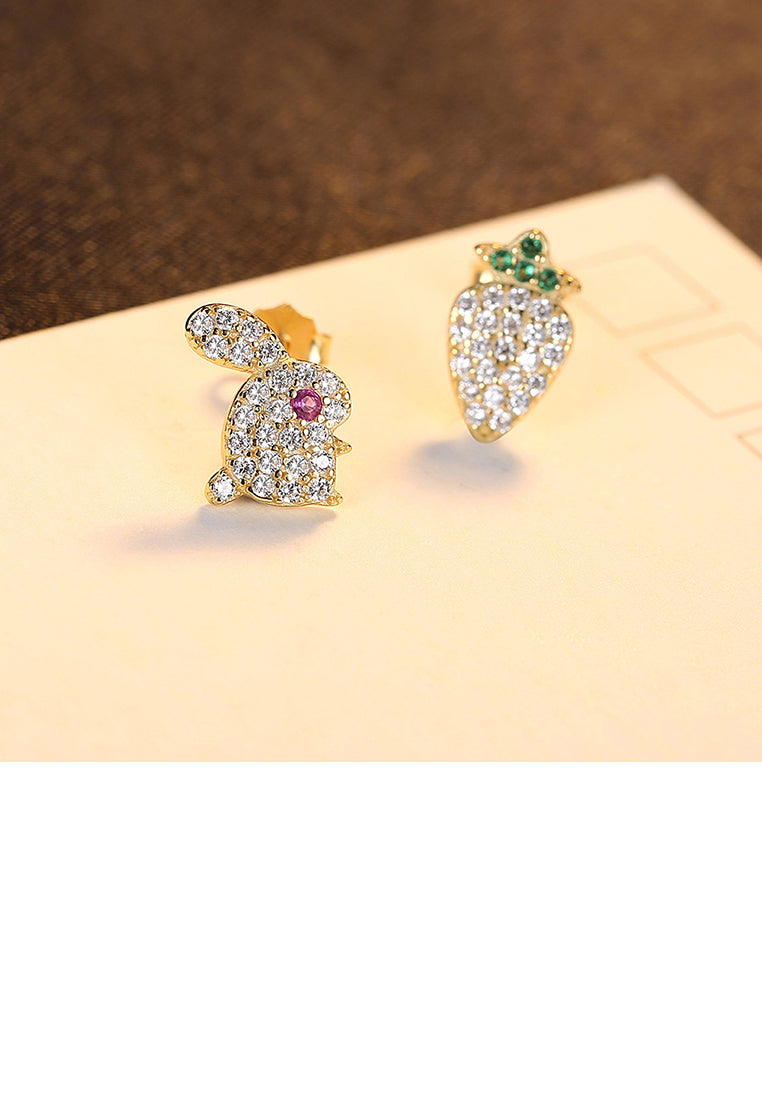 925 Sterling Silver Plated Gold Fashion Cute Rabbit Radish Asymmetrical Stud Earrings with Cubic Zirconia - Luxurious Look