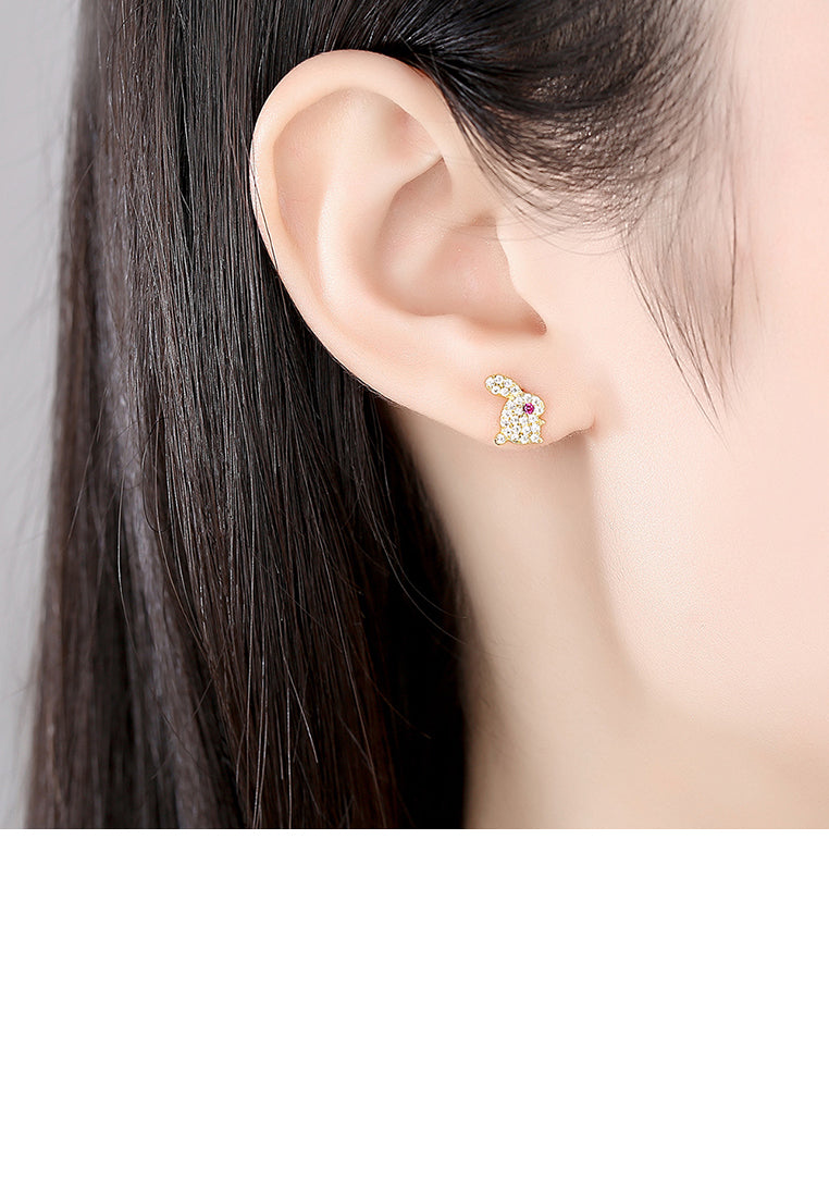 925 Sterling Silver Plated Gold Fashion Cute Rabbit Radish Asymmetrical Stud Earrings with Cubic Zirconia - Luxurious Look