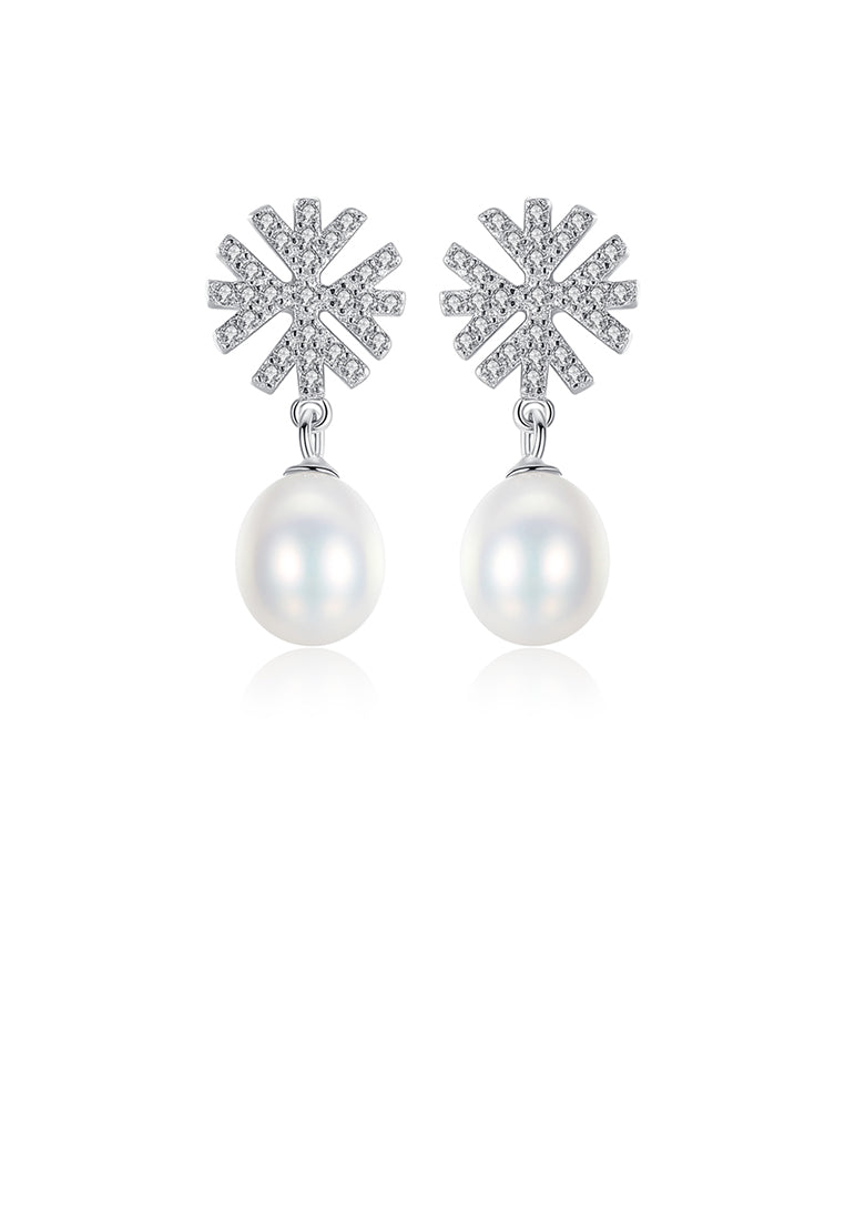 925 Sterling Silver Fashion and Elegant Snowflake White Freshwater Pearl Earrings with Cubic Zirconia - Luxurious Look