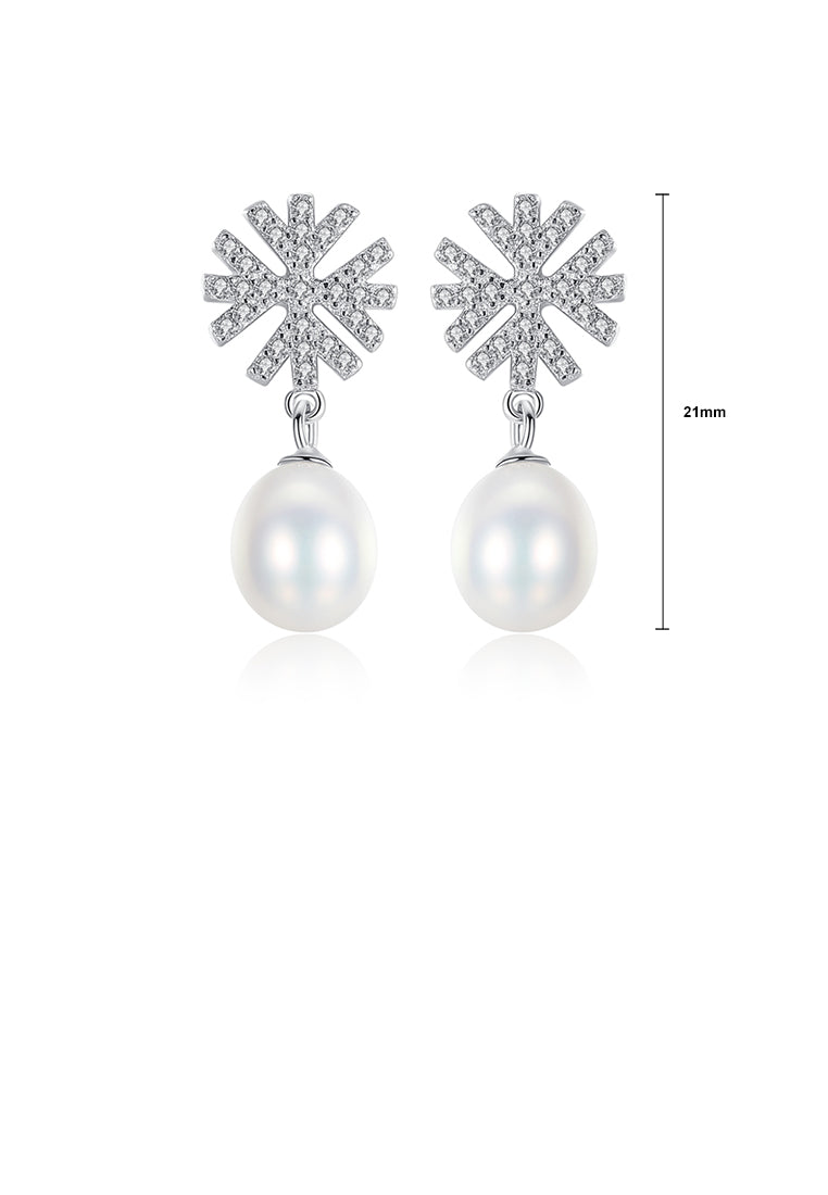 925 Sterling Silver Fashion and Elegant Snowflake White Freshwater Pearl Earrings with Cubic Zirconia - Luxurious Look