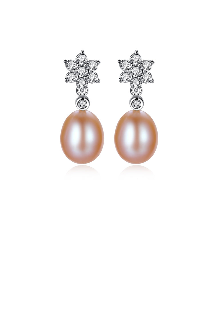 925 Sterling Silver Fashion and Elegant Flower Pink Freshwater Pearl Earrings with Cubic Zirconia - Luxurious Look - Vibrant Color