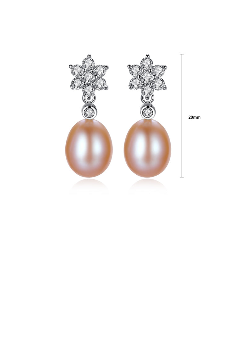 925 Sterling Silver Fashion and Elegant Flower Pink Freshwater Pearl Earrings with Cubic Zirconia - Luxurious Look - Vibrant Color