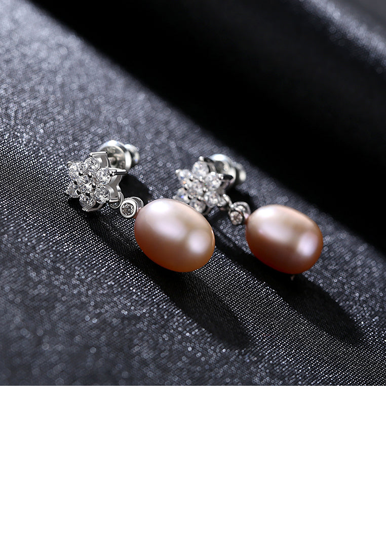 925 Sterling Silver Fashion and Elegant Flower Pink Freshwater Pearl Earrings with Cubic Zirconia - Luxurious Look - Vibrant Color