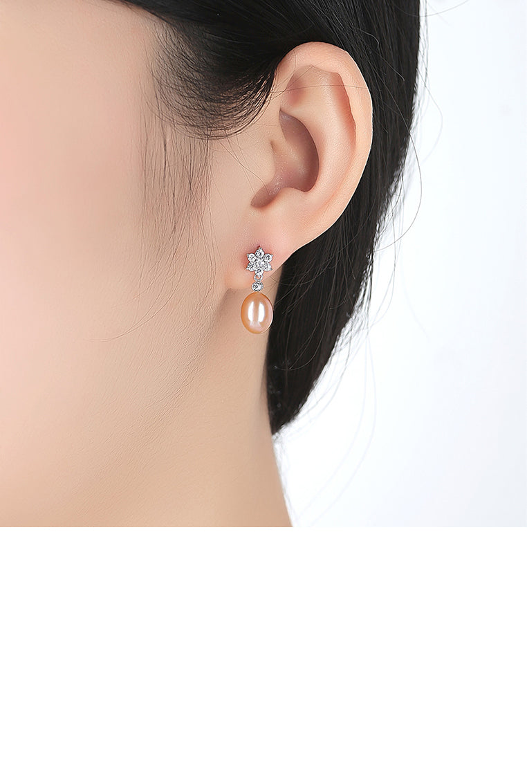 925 Sterling Silver Fashion and Elegant Flower Pink Freshwater Pearl Earrings with Cubic Zirconia - Luxurious Look - Vibrant Color