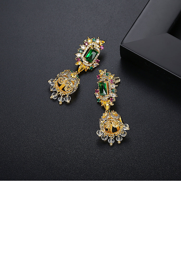 Fashion and Elegant Plated Gold Ethnic Geometric Wind Chimes Tassel Earrings with Colorful Cubic Zirconia - Luxurious Look