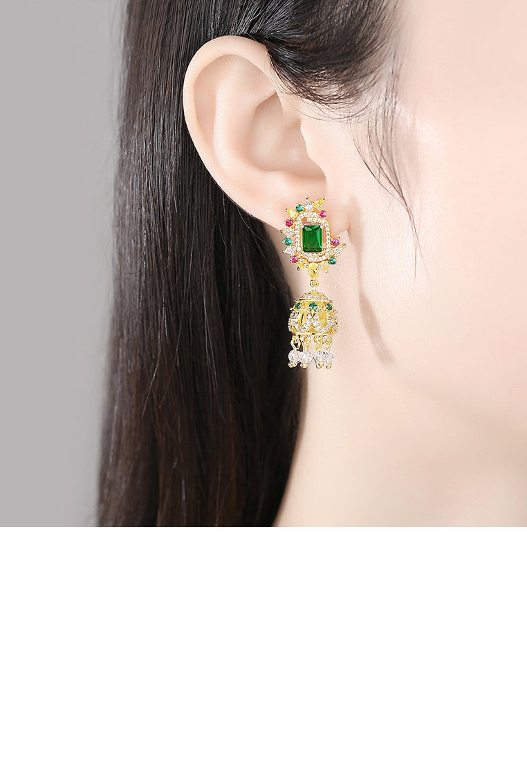 Fashion and Elegant Plated Gold Ethnic Geometric Wind Chimes Tassel Earrings with Colorful Cubic Zirconia - Luxurious Look