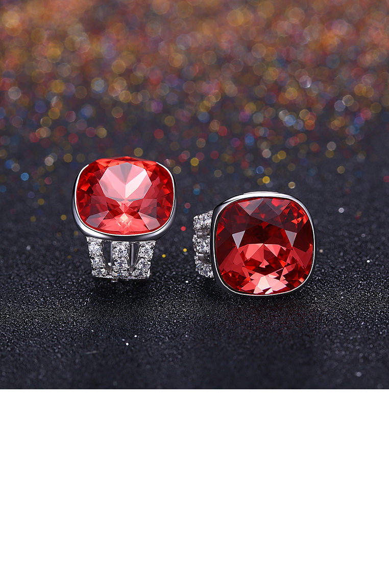 925 Sterling Silver Fashion Elegant Geometric Square Red Austrian Element Crystal Earrings - Vibrant Color