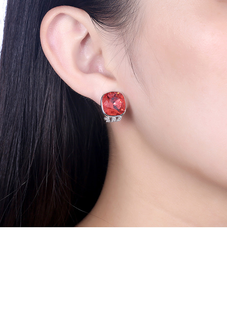 925 Sterling Silver Fashion Elegant Geometric Square Red Austrian Element Crystal Earrings - Vibrant Color