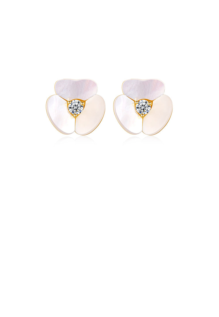 925 Sterling Silver Plated Gold Fashion and Elegant Flower Mother Stud Earrings with Cubic Zirconia - Luxurious Look