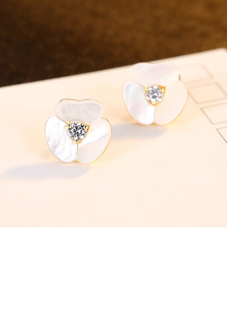 925 Sterling Silver Plated Gold Fashion and Elegant Flower Mother Stud Earrings with Cubic Zirconia - Luxurious Look