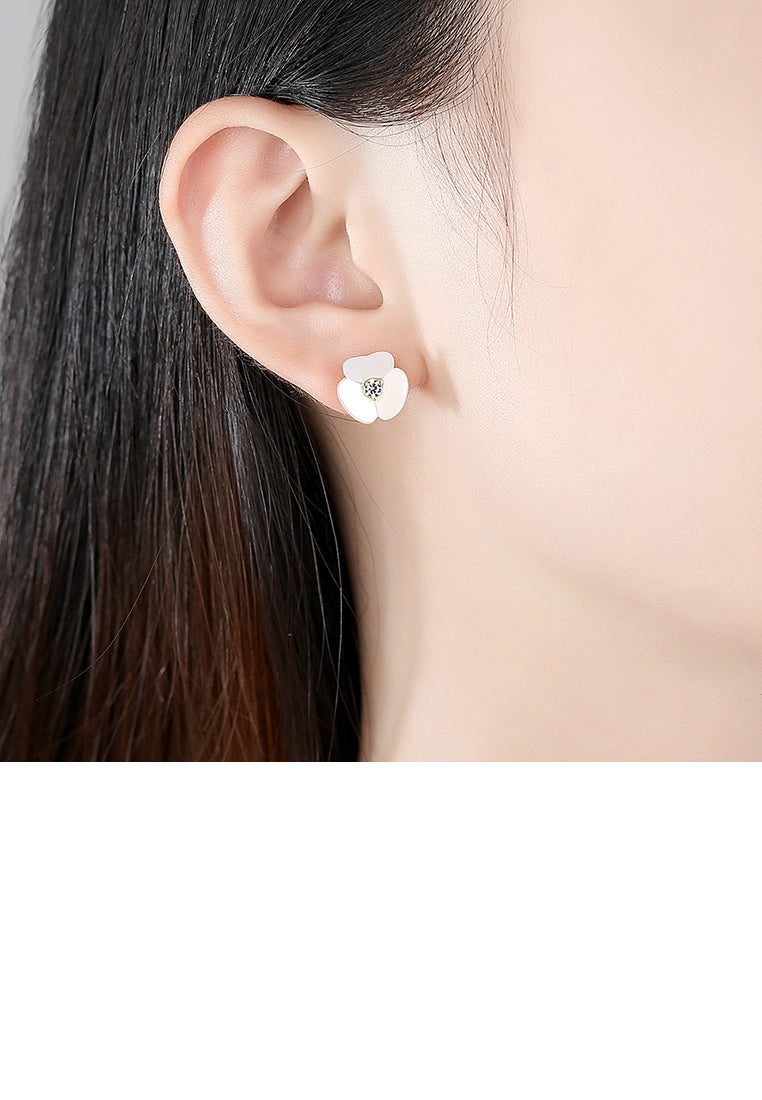 925 Sterling Silver Plated Gold Fashion and Elegant Flower Mother Stud Earrings with Cubic Zirconia - Luxurious Look