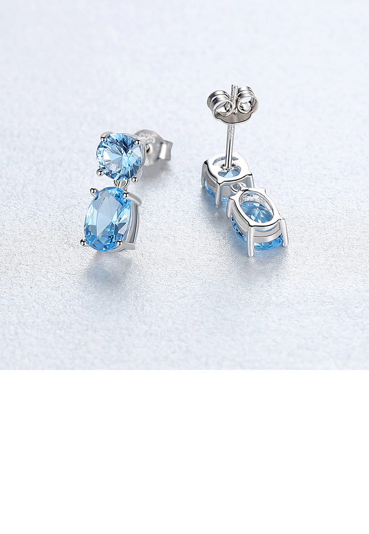 925 Sterling Silver Fashion Simple Geometric Oval Blue Cubic Zirconia Stud Earrings - Luxurious Look