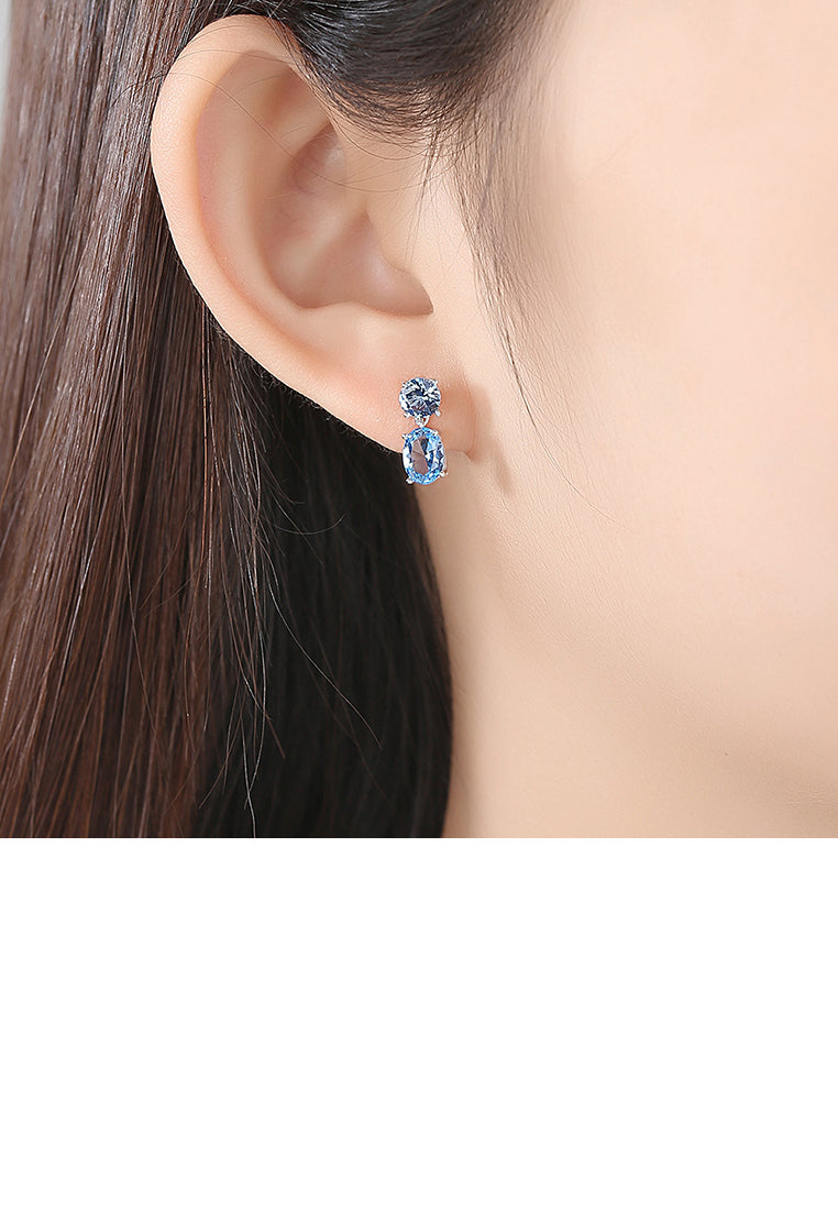 925 Sterling Silver Fashion Simple Geometric Oval Blue Cubic Zirconia Stud Earrings - Luxurious Look