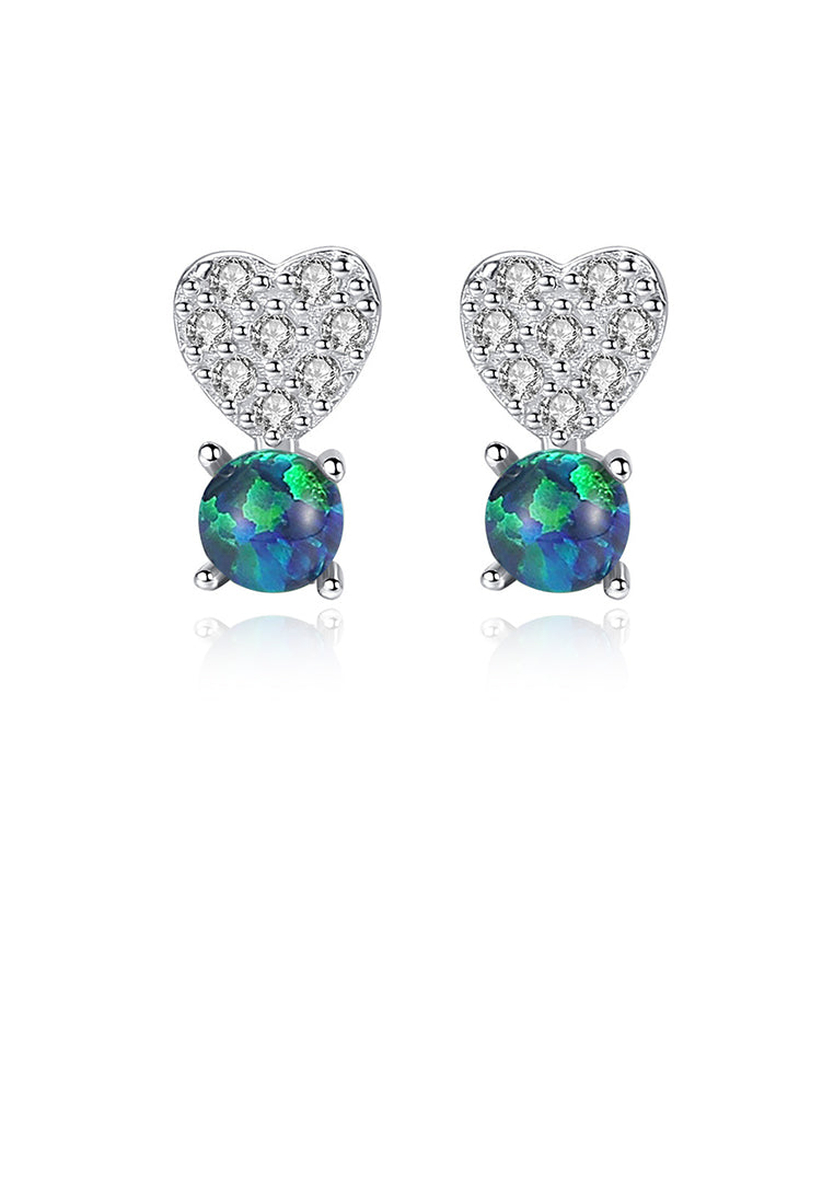 925 Sterling Silver Fashion Romantic Heart-shaped Green Imitation Opal Stud Earrings with Cubic Zirconia - Luxurious Look