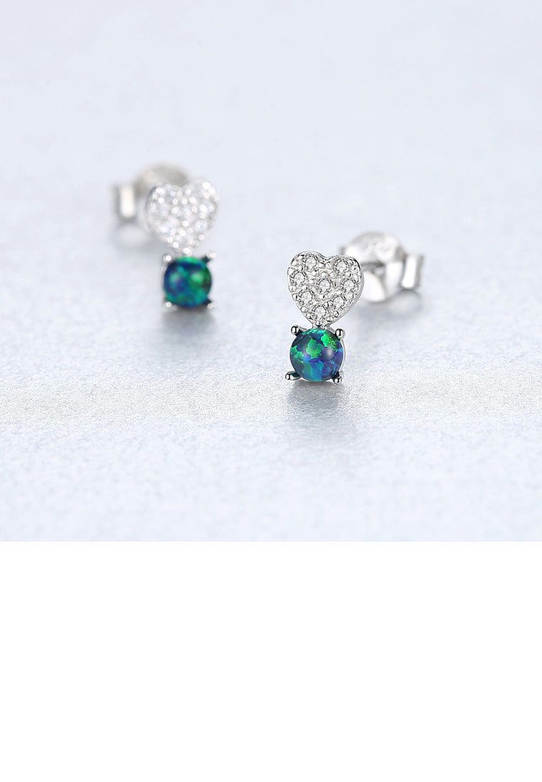925 Sterling Silver Fashion Romantic Heart-shaped Green Imitation Opal Stud Earrings with Cubic Zirconia - Luxurious Look