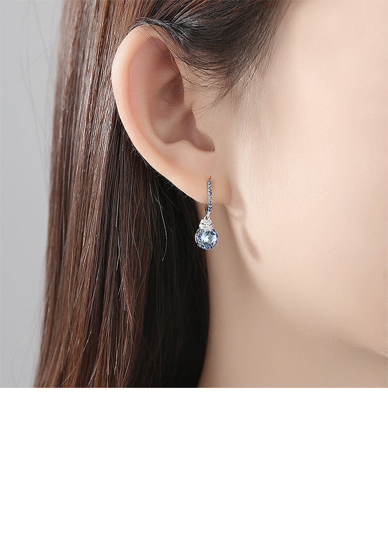 925 Sterling Silver Fashion Elegant Geometric Round Earrings with Blue Cubic Zirconia - Luxurious Look