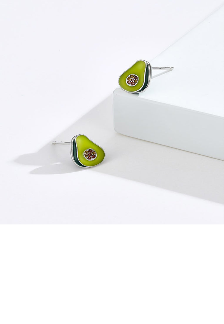 925 Sterling Silver Simple and Sweet Avocado Stud Earrings with Cubic Zirconia - Luxurious Look