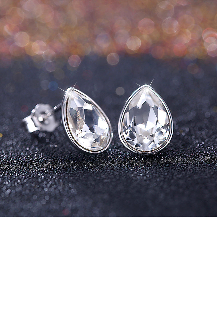 925 Sterling Silver Simple Water Drop Shape White Austrian Element Crystal Stud Earrings