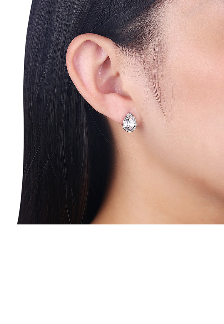 925 Sterling Silver Simple Water Drop Shape White Austrian Element Crystal Stud Earrings
