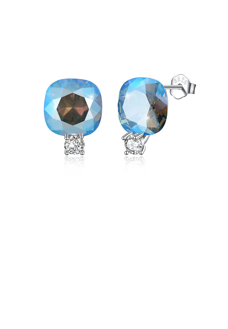 925 Sterling Silver Fashion Simple Geometric Square Stud Earrings with Light Blue Austrian Element Crystal
