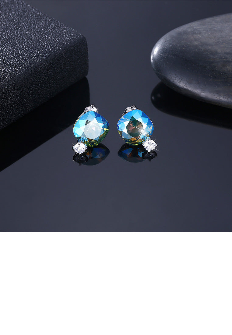 925 Sterling Silver Fashion Simple Geometric Square Stud Earrings with Light Blue Austrian Element Crystal