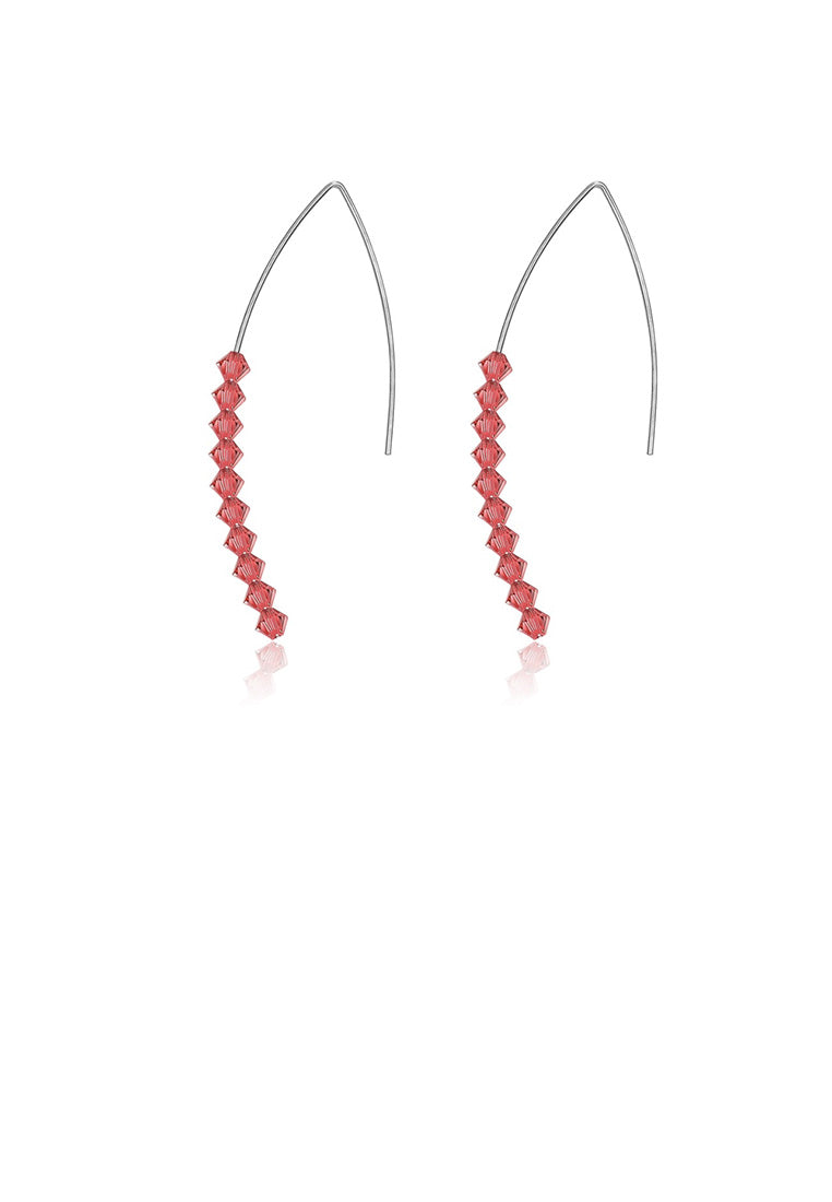 925 Sterling Silver Simple Geometric Earrings with Red Austrian Element Crystal - Vibrant Color
