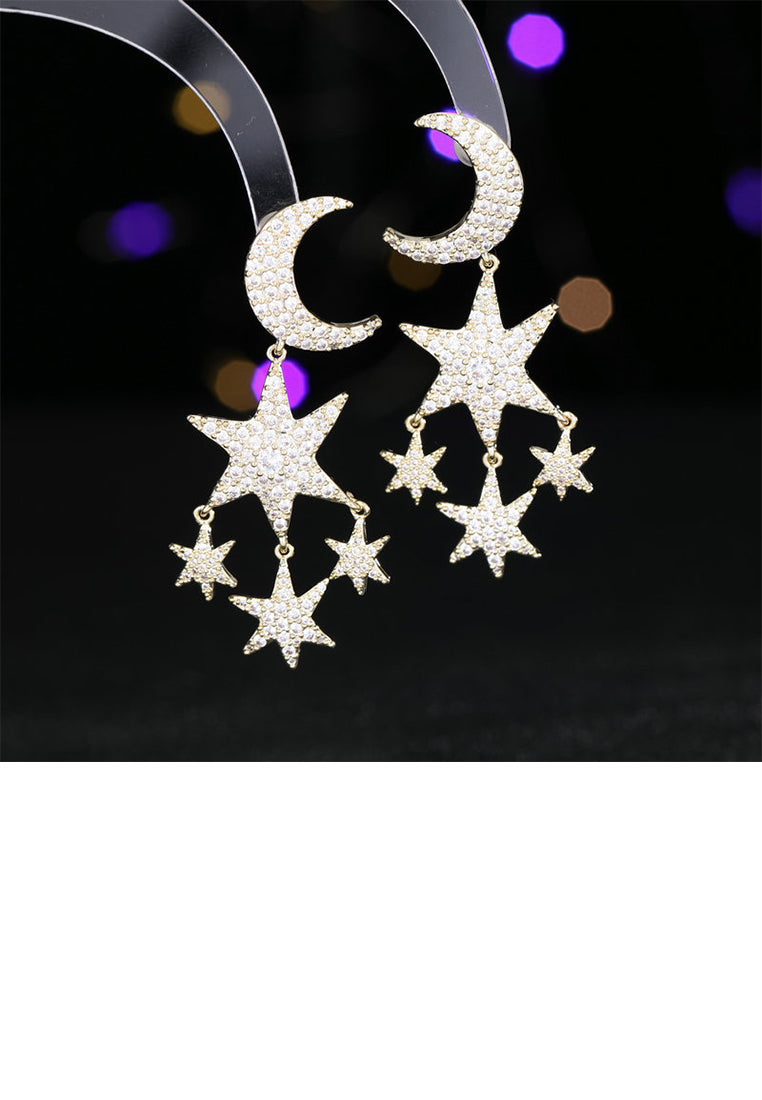 Fashion Brilliant Plated Gold Moon Star Tassel Earrings with Cubic Zirconia - Luxurious Look