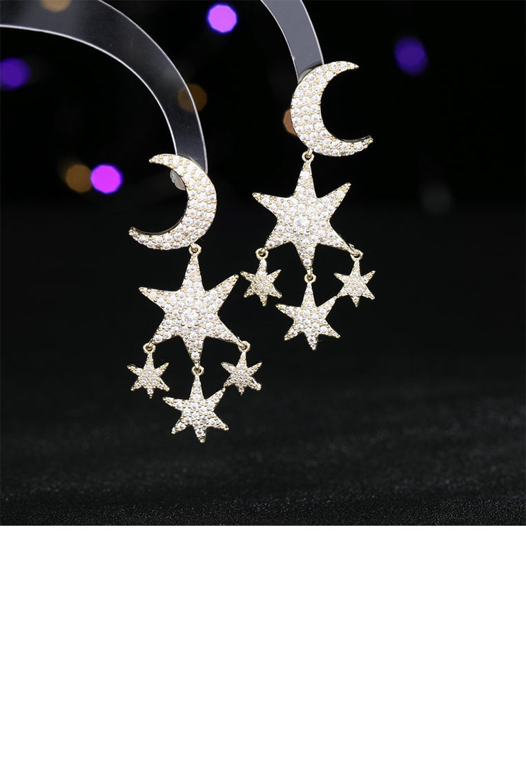Fashion Brilliant Plated Gold Moon Star Tassel Earrings with Cubic Zirconia - Luxurious Look