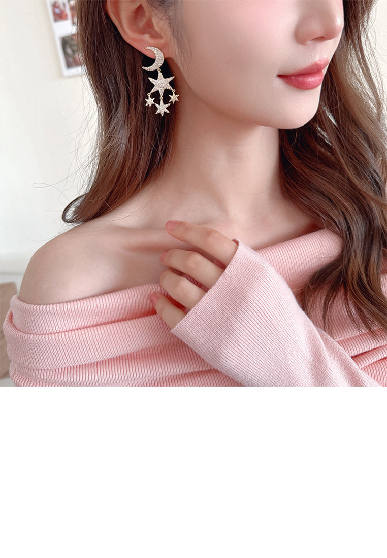 Fashion Brilliant Plated Gold Moon Star Tassel Earrings with Cubic Zirconia - Luxurious Look