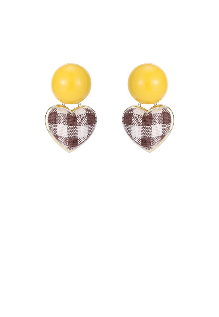 Simple and Sweet Plated Gold Round Bead Brown Heart-shaped Stud Earrings - Vibrant Color