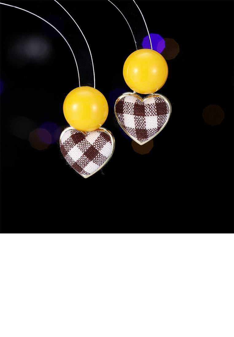 Simple and Sweet Plated Gold Round Bead Brown Heart-shaped Stud Earrings - Vibrant Color