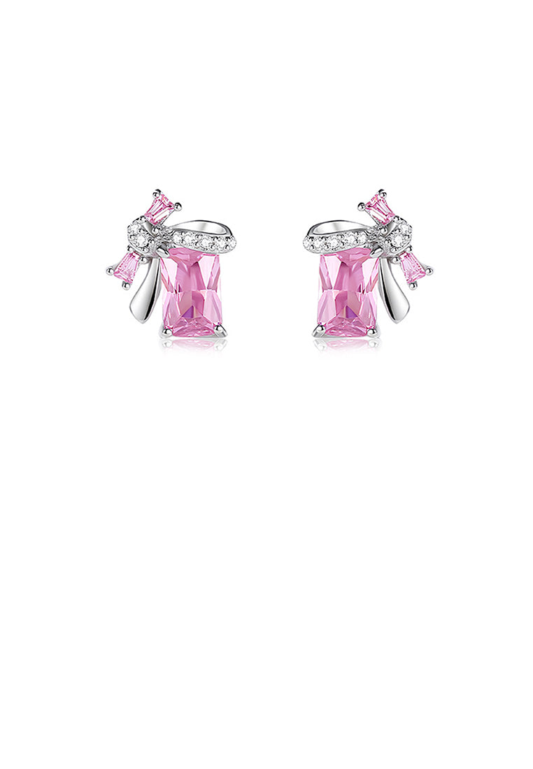 925 Sterling Silver Simple Sweet Ribbon Square Stud Earrings with Pink Cubic Zirconia - Luxurious Look - Vibrant Color