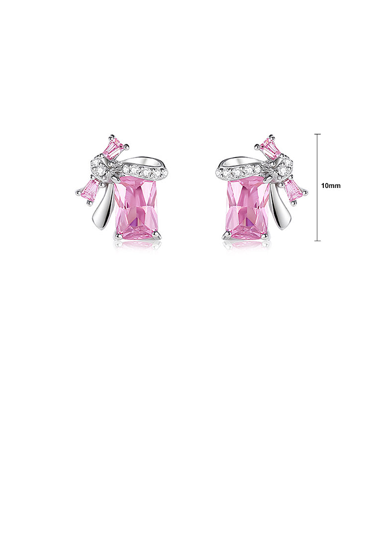 925 Sterling Silver Simple Sweet Ribbon Square Stud Earrings with Pink Cubic Zirconia - Luxurious Look - Vibrant Color