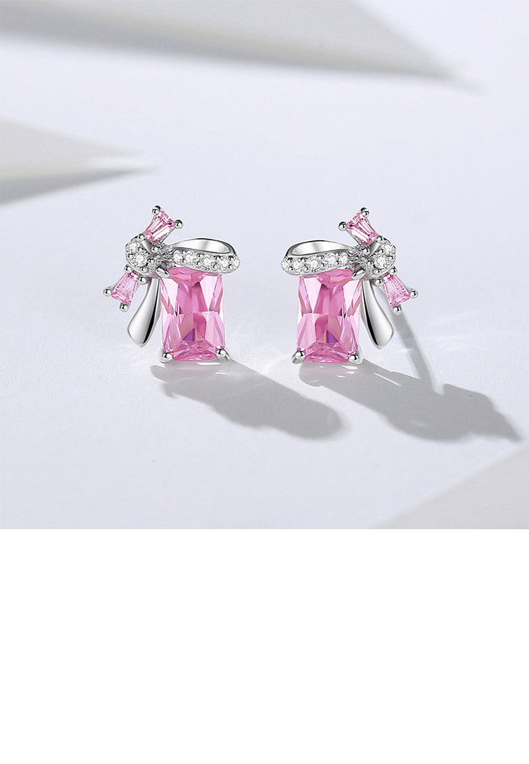 925 Sterling Silver Simple Sweet Ribbon Square Stud Earrings with Pink Cubic Zirconia - Luxurious Look - Vibrant Color