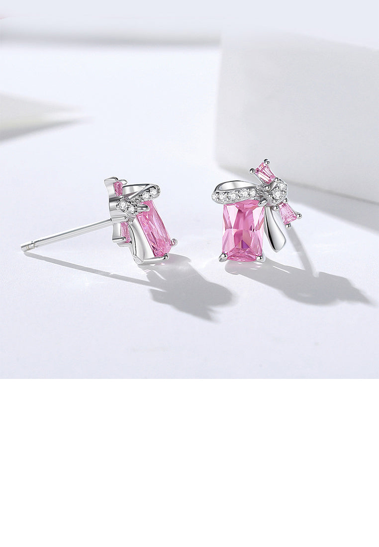 925 Sterling Silver Simple Sweet Ribbon Square Stud Earrings with Pink Cubic Zirconia - Luxurious Look - Vibrant Color