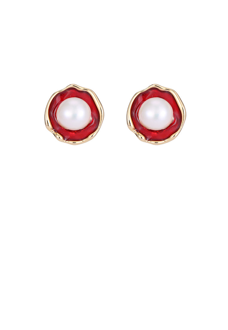 Simple and Fashion Plated Gold Enamel Red Round Geometric Stud Earrings with Imitation Pearls - Vibrant Color