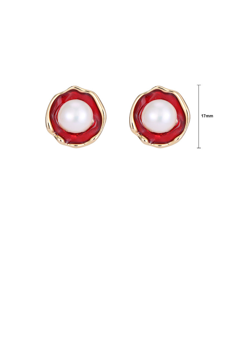 Simple and Fashion Plated Gold Enamel Red Round Geometric Stud Earrings with Imitation Pearls - Vibrant Color