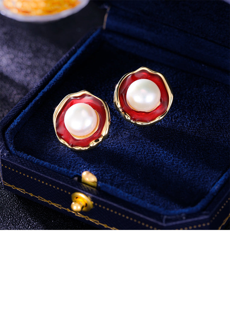 Simple and Fashion Plated Gold Enamel Red Round Geometric Stud Earrings with Imitation Pearls - Vibrant Color