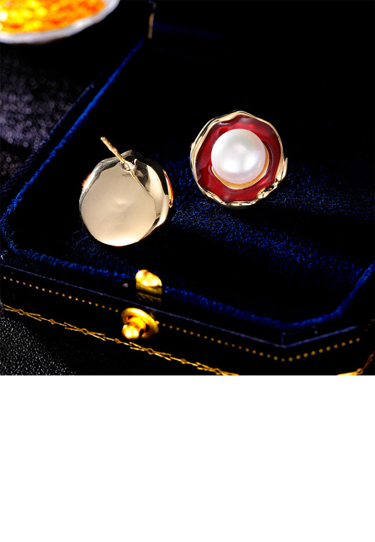Simple and Fashion Plated Gold Enamel Red Round Geometric Stud Earrings with Imitation Pearls - Vibrant Color