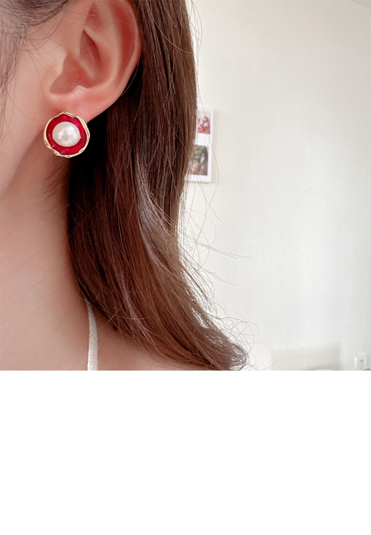 Simple and Fashion Plated Gold Enamel Red Round Geometric Stud Earrings with Imitation Pearls - Vibrant Color