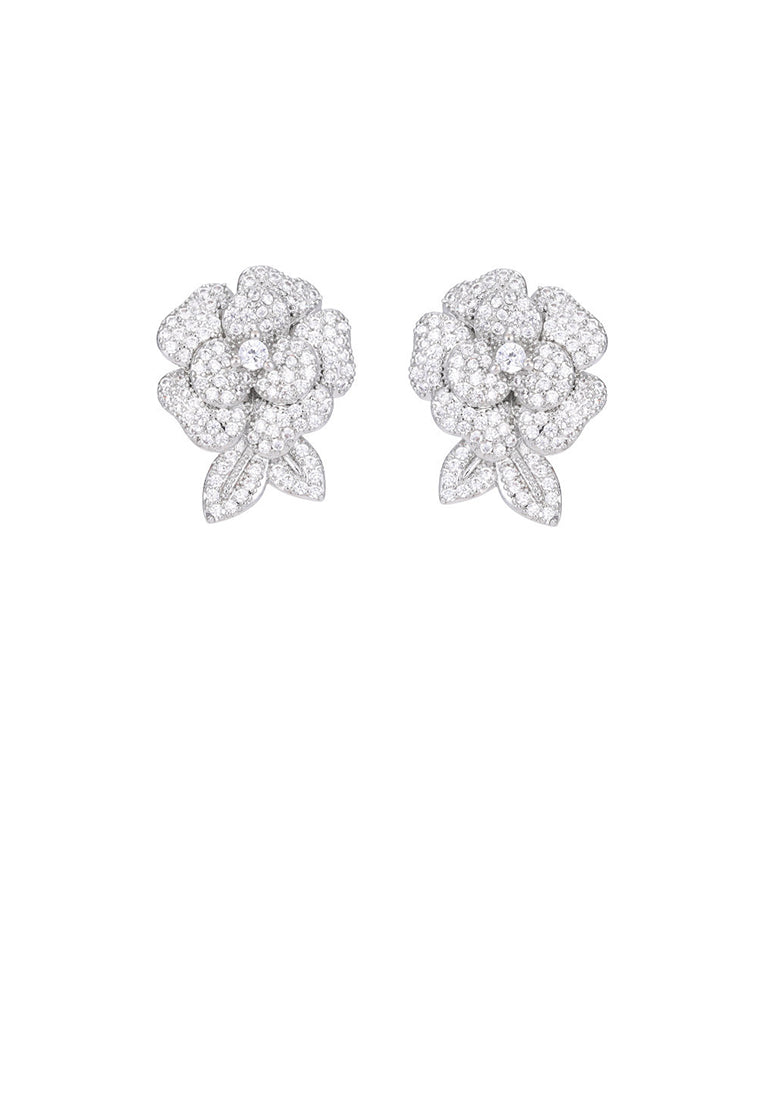 Elegant Brilliant Camellia Stud Earrings with Cubic Zirconia - Luxurious Look