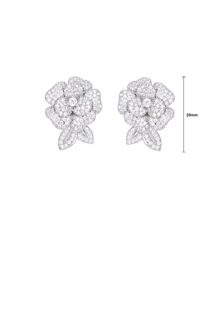 Elegant Brilliant Camellia Stud Earrings with Cubic Zirconia - Luxurious Look